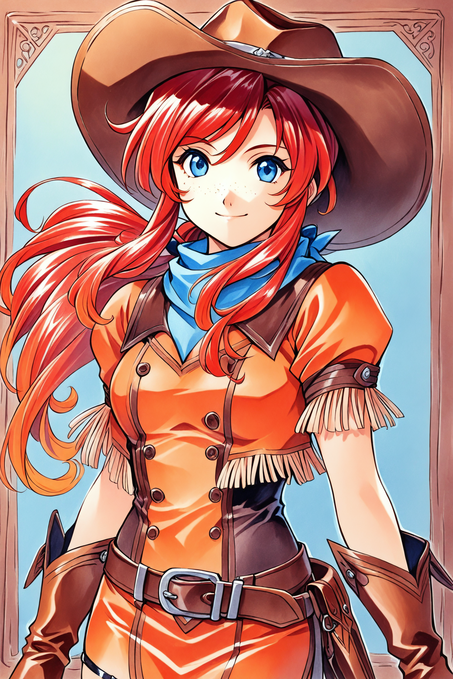 38806-3335516647-Gemini Sunrise,1girl,solo,cowboy shot,smile,mouth closed,red hair,ponytail,blue eyes,freckles,sidelocks,belt,thigh strap,hat,cow.png